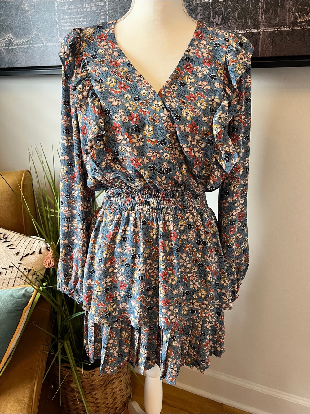 Blue Floral Ruffle Banded Waist Dress